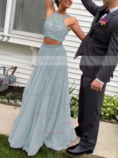 A-line Scoop Neck Tulle Floor-length Beading Prom Dresses #Favs020103601