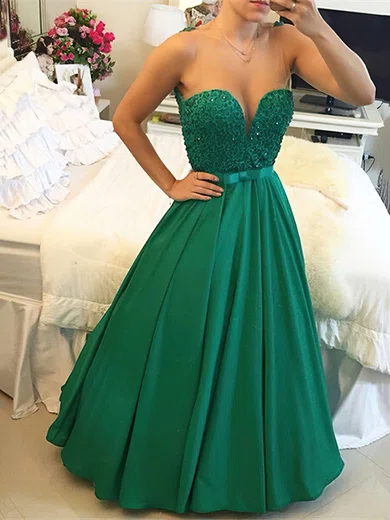 Princess Scoop Neck Satin Floor-length Beading Prom Dresses #Favs020103654