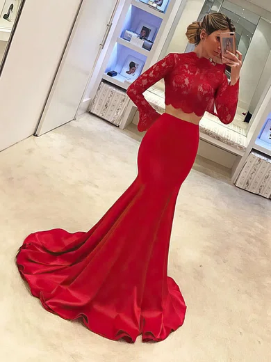 Trumpet/Mermaid High Neck Satin Tulle Sweep Train Appliques Lace Prom Dresses #Favs020104895