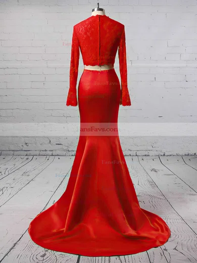 Trumpet/Mermaid High Neck Satin Tulle Sweep Train Appliques Lace Prom Dresses #Favs020104895