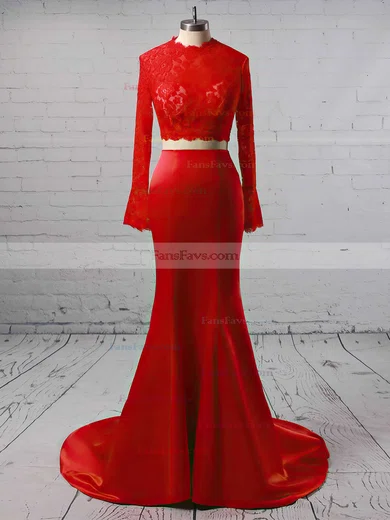 Trumpet/Mermaid High Neck Satin Tulle Sweep Train Appliques Lace Prom Dresses #Favs020104895