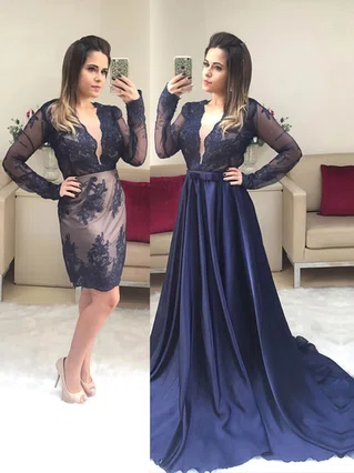 A-line V-neck Satin Detachable Appliques Lace Prom Dresses #Favs020105019 A-line V-neck Satin Detachable Appliques Lace Prom Dresses #Favs020105019