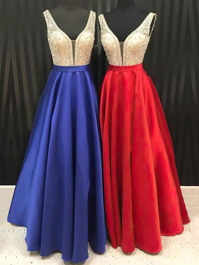 Princess V-neck Satin Floor-length Beading Prom Dresses #Favs020105562