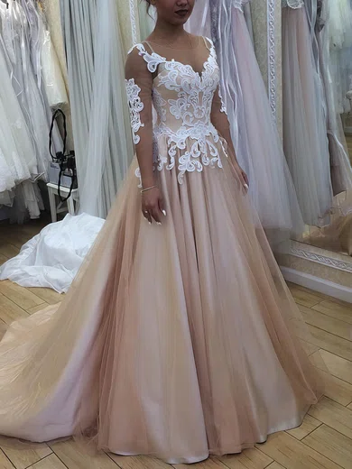 Ball Gown Scoop Neck Satin Tulle Sweep Train Appliques Lace Prom Dresses #Favs020105643