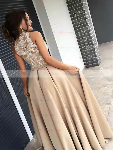 A-line High Neck Satin Tulle Sweep Train Appliques Lace Prom Dresses #Favs020105682