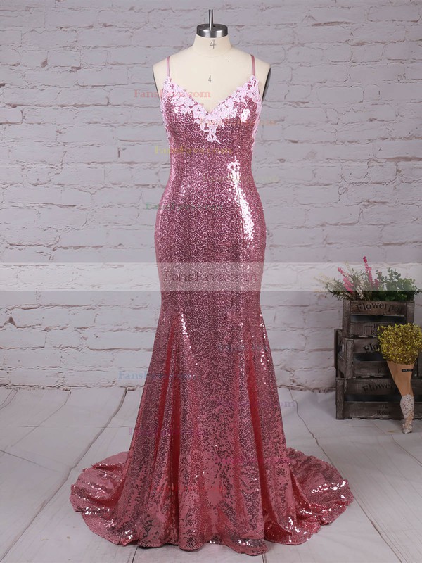 Trumpet/Mermaid V-neck Sequined Sweep Train Appliques Lace Prom Dresses #Favs020102499
