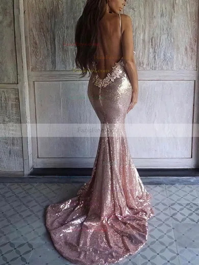 Trumpet/Mermaid V-neck Sequined Sweep Train Appliques Lace Prom Dresses #Favs020102499