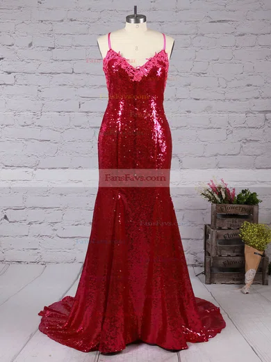 Trumpet/Mermaid V-neck Sequined Sweep Train Appliques Lace Prom Dresses #Favs020102499