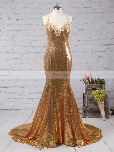 Trumpet/Mermaid V-neck Sequined Sweep Train Appliques Lace Prom Dresses #Favs020102499