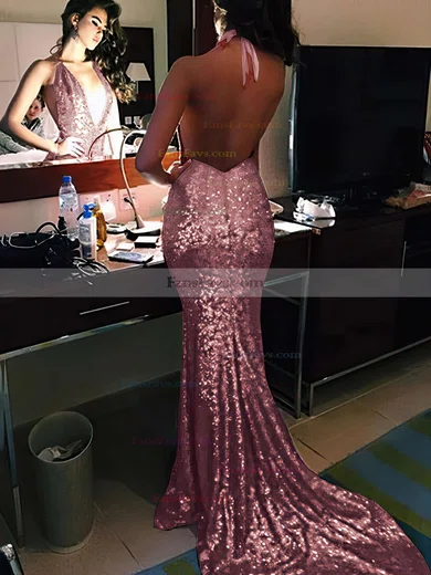 Trumpet/Mermaid V-neck Sequined Sweep Train Prom Dresses #Favs020104599