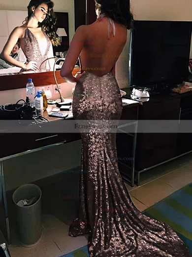 Trumpet/Mermaid V-neck Sequined Sweep Train Prom Dresses #Favs020104599