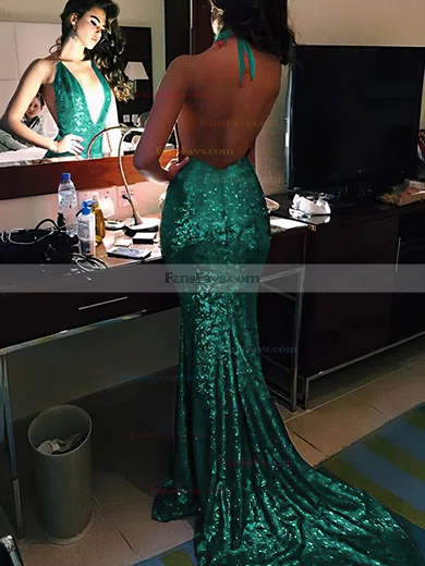 Trumpet/Mermaid V-neck Sequined Sweep Train Prom Dresses #Favs020104599