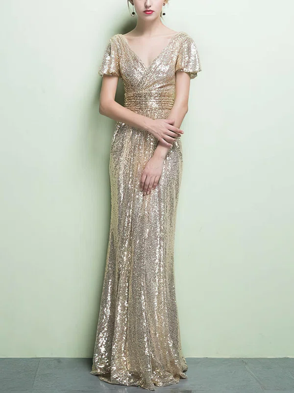 Sheath/Column V-neck Sequined Floor-length Ruffles Prom Dresses #Favs020104869