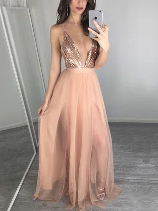 A-line V-neck Tulle Sequined Floor-length Split Front Prom Dresses #Favs020103637 A-line V-neck Tulle Sequined Floor-length Split Front Prom Dresses #Favs020103637