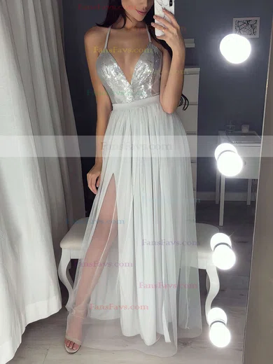 A-line V-neck Tulle Sequined Floor-length Split Front Prom Dresses #Favs020103637