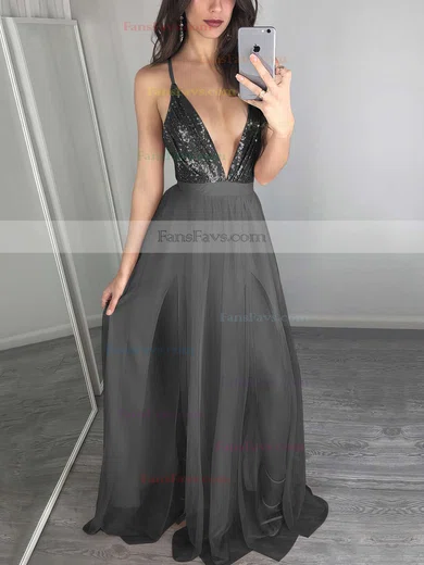 A-line V-neck Tulle Sequined Floor-length Split Front Prom Dresses #Favs020103637