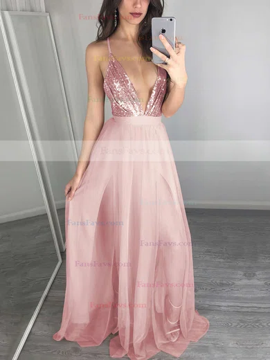 A-line V-neck Tulle Sequined Floor-length Split Front Prom Dresses #Favs020103637