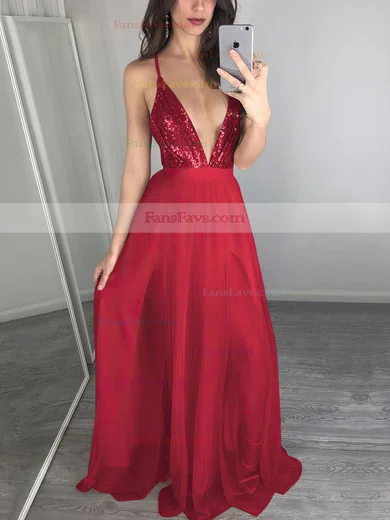 A-line V-neck Tulle Sequined Floor-length Split Front Prom Dresses #Favs020103637