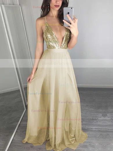 A-line V-neck Tulle Sequined Floor-length Split Front Prom Dresses #Favs020103637
