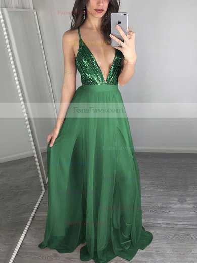 A-line V-neck Tulle Sequined Floor-length Split Front Prom Dresses #Favs020103637