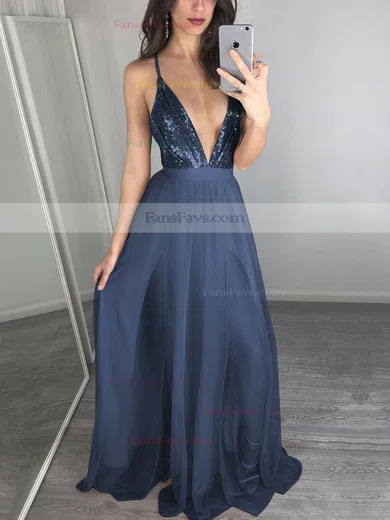 A-line V-neck Tulle Sequined Floor-length Split Front Prom Dresses #Favs020103637