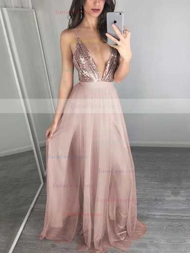 A-line V-neck Tulle Sequined Floor-length Split Front Prom Dresses #Favs020103637