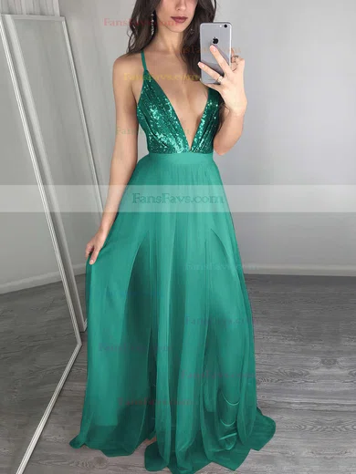 A-line V-neck Tulle Sequined Floor-length Split Front Prom Dresses #Favs020103637