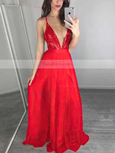 A-line V-neck Tulle Sequined Floor-length Split Front Prom Dresses #Favs020103637