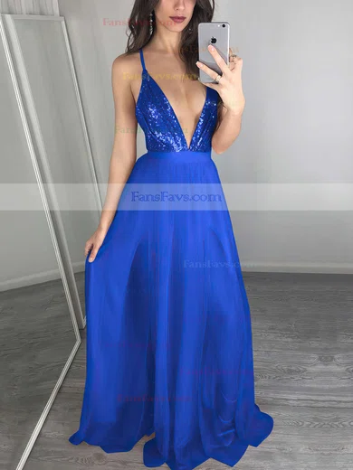 A-line V-neck Tulle Sequined Floor-length Split Front Prom Dresses #Favs020103637