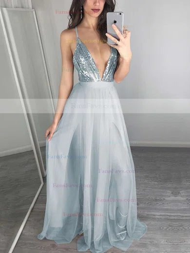 A-line V-neck Tulle Sequined Floor-length Split Front Prom Dresses #Favs020103637