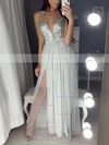 A-line V-neck Tulle Sequined Floor-length Split Front Prom Dresses #Favs020103637