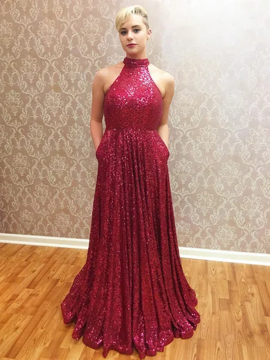 A-line Halter Sequined Floor-length Pockets Prom Dresses #Favs020104982