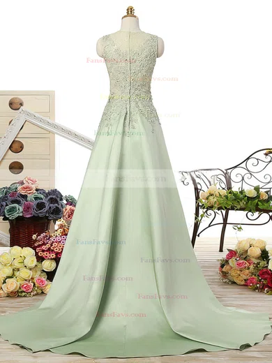 A-line V-neck Satin Sweep Train Beading Prom Dresses #Favs020102215