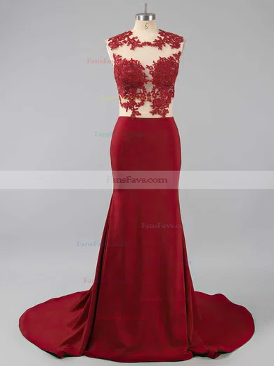 Modest Silk-like Satin Applique Lace Scoop Neck White Trumpet/Mermaid Long Prom Dresses #Favs02018838