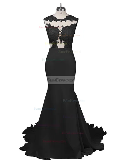 Modest Silk-like Satin Applique Lace Scoop Neck White Trumpet/Mermaid Long Prom Dresses #Favs02018838