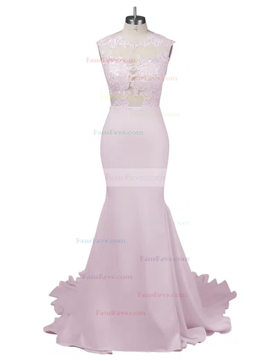 Modest Silk-like Satin Applique Lace Scoop Neck White Trumpet/Mermaid Long Prom Dresses #Favs02018838