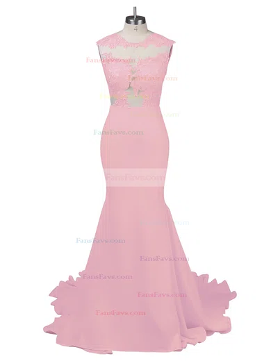 Modest Silk-like Satin Applique Lace Scoop Neck White Trumpet/Mermaid Long Prom Dresses #Favs02018838