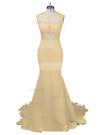 Modest Silk-like Satin Applique Lace Scoop Neck White Trumpet/Mermaid Long Prom Dresses #Favs02018838