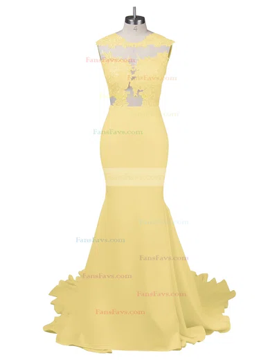 Modest Silk-like Satin Applique Lace Scoop Neck White Trumpet/Mermaid Long Prom Dresses #Favs02018838