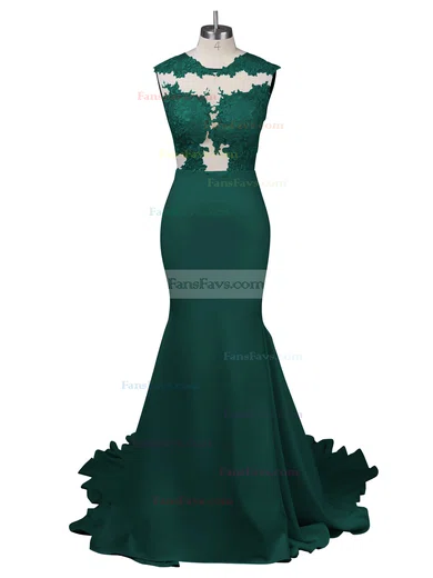 Modest Silk-like Satin Applique Lace Scoop Neck White Trumpet/Mermaid Long Prom Dresses #Favs02018838