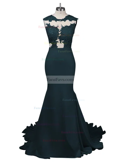 Modest Silk-like Satin Applique Lace Scoop Neck White Trumpet/Mermaid Long Prom Dresses #Favs02018838