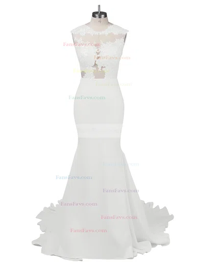 Modest Silk-like Satin Applique Lace Scoop Neck White Trumpet/Mermaid Long Prom Dresses #Favs02018838