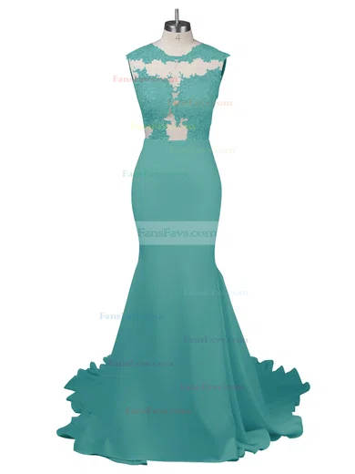 Modest Silk-like Satin Applique Lace Scoop Neck White Trumpet/Mermaid Long Prom Dresses #Favs02018838