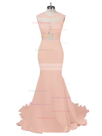 Modest Silk-like Satin Applique Lace Scoop Neck White Trumpet/Mermaid Long Prom Dresses #Favs02018838