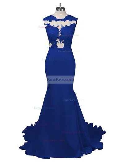 Modest Silk-like Satin Applique Lace Scoop Neck White Trumpet/Mermaid Long Prom Dresses #Favs02018838