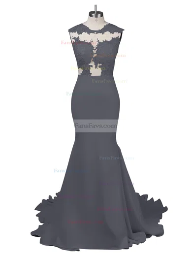 Modest Silk-like Satin Applique Lace Scoop Neck White Trumpet/Mermaid Long Prom Dresses #Favs02018838