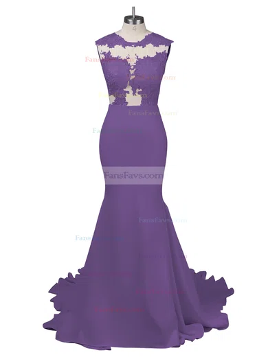 Modest Silk-like Satin Applique Lace Scoop Neck White Trumpet/Mermaid Long Prom Dresses #Favs02018838