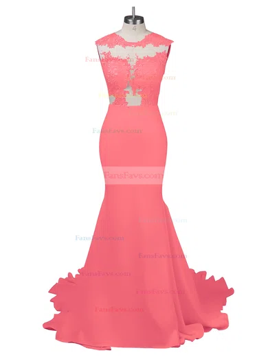 Modest Silk-like Satin Applique Lace Scoop Neck White Trumpet/Mermaid Long Prom Dresses #Favs02018838