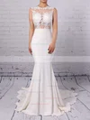 Modest Silk-like Satin Applique Lace Scoop Neck White Trumpet/Mermaid Long Prom Dresses #Favs02018838