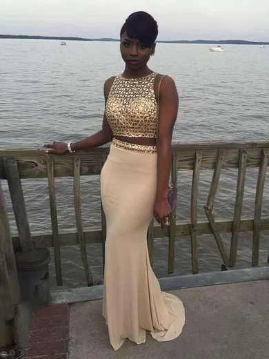 Sheath/Column Scoop Neck Jersey Sweep Train Beading Prom Dresses #Favs020103281